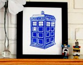 Doctor Who TARDIS Block Print Poster 8 x 10 inches Blue Ink