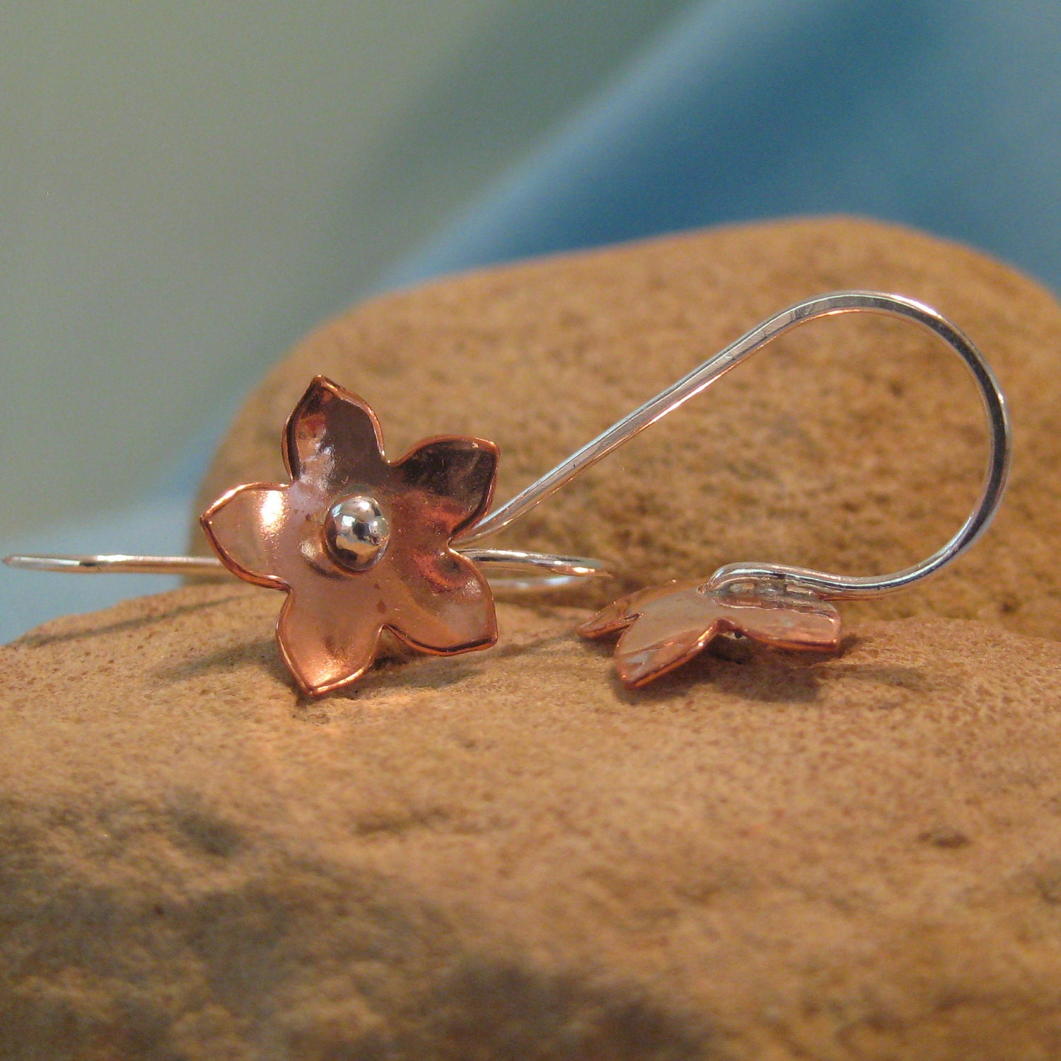 Flower Earrings Copper Silver Mixed Metal Dangle Earrings JJDLJewelryArt