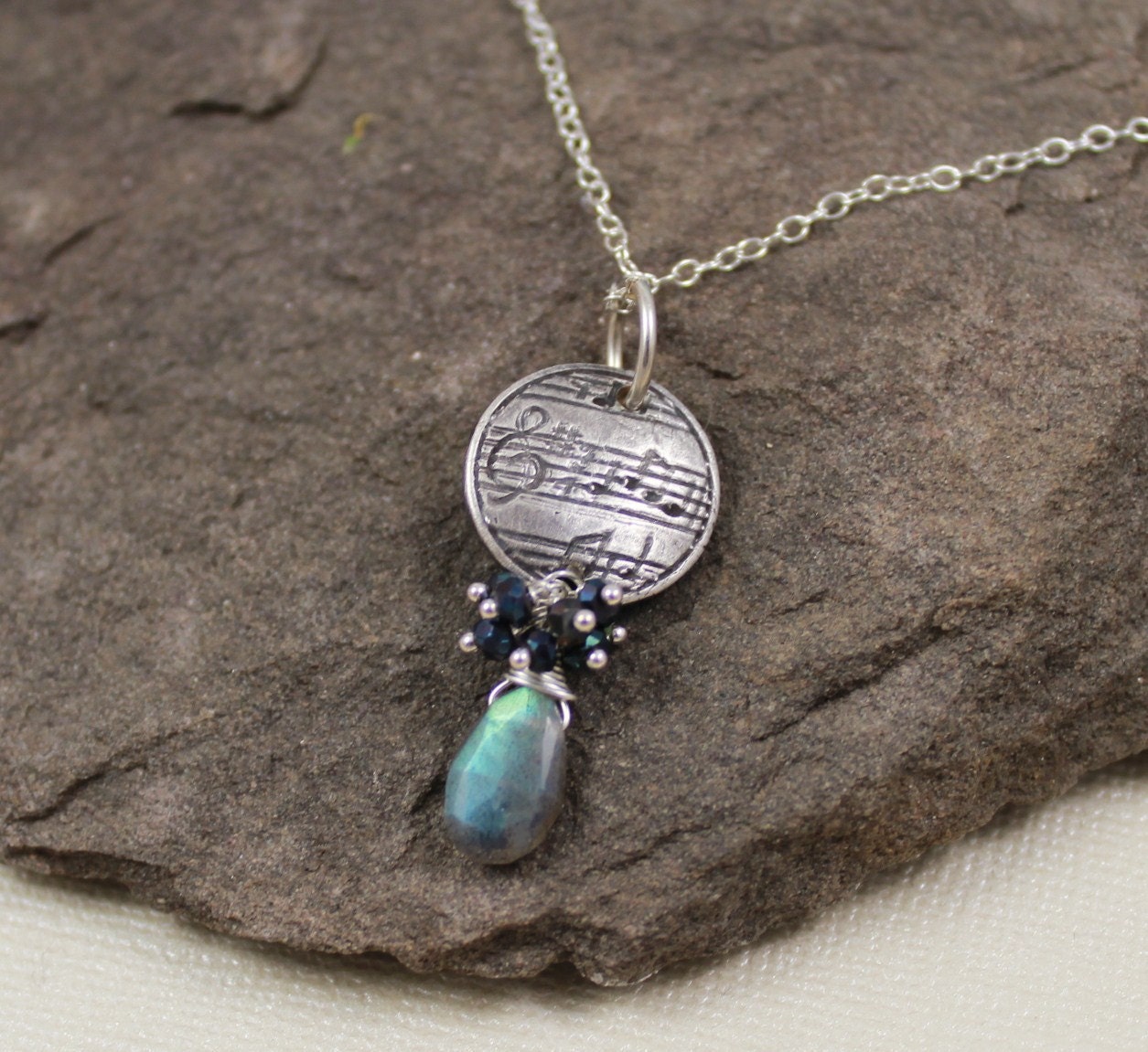 Music Notes Necklace- Labradorite, Mystic Black Spinel