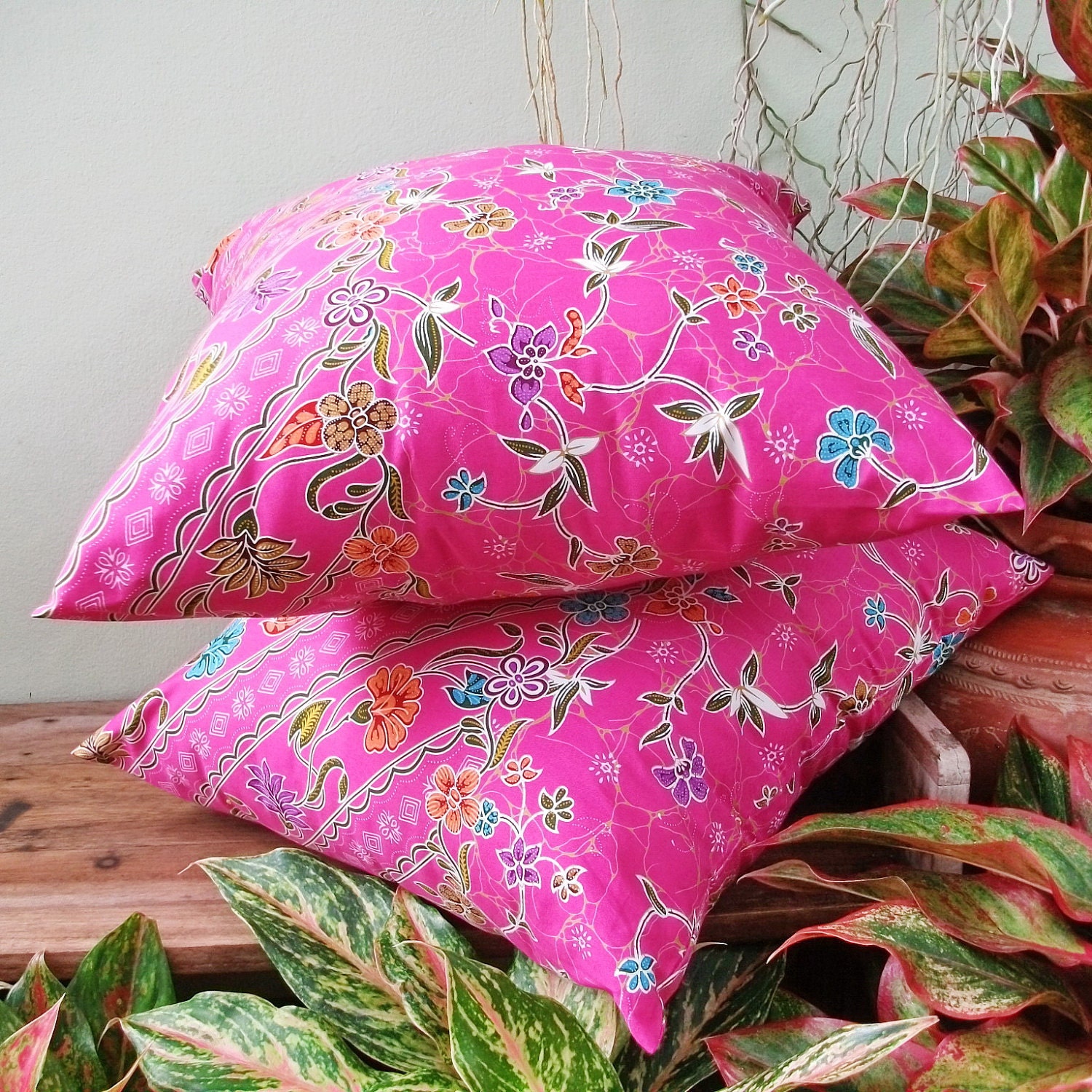 Pink Authentic Javanese Batik sofa Throw decorative pillow cushion covers 18 inch