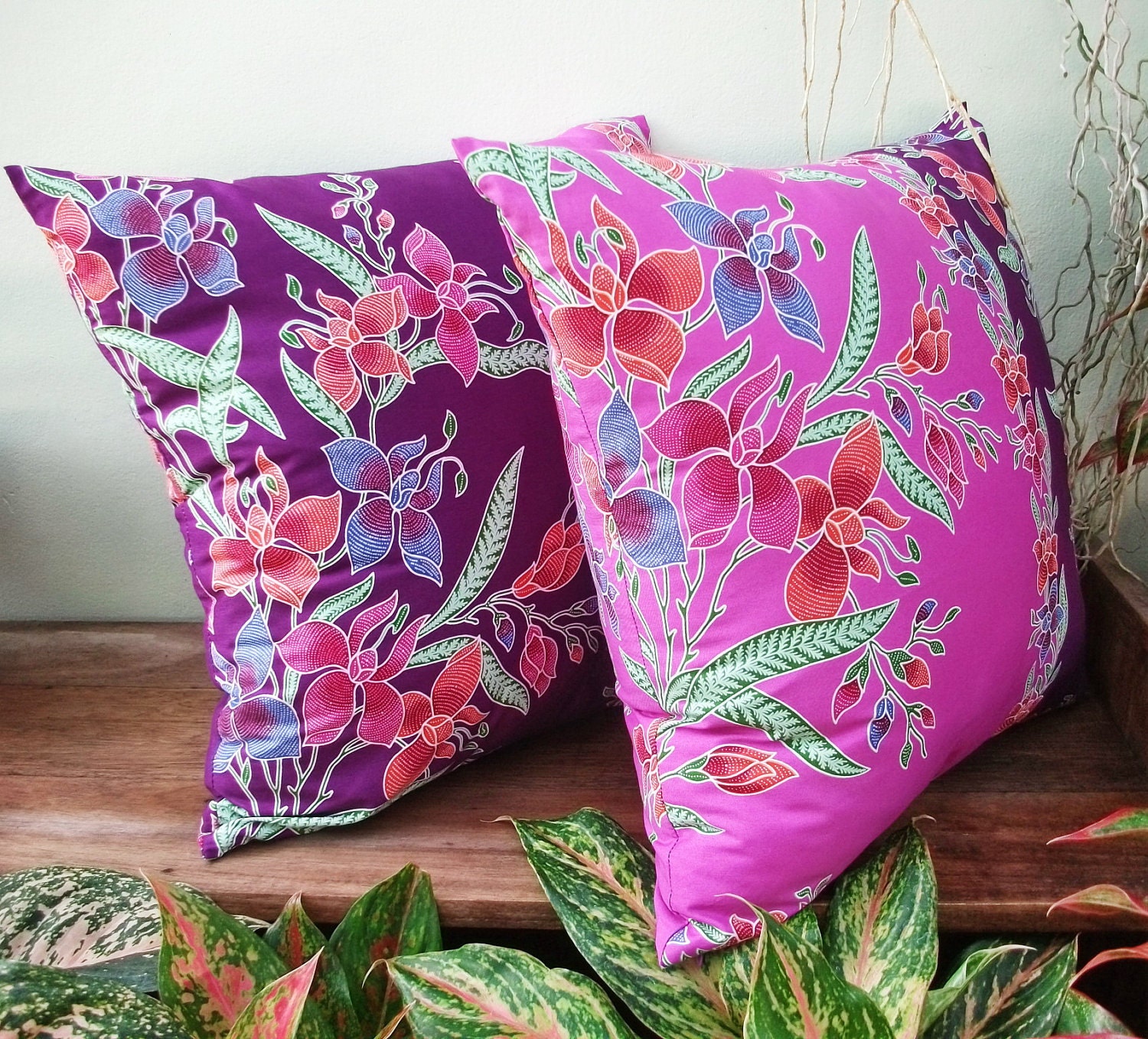 Purple  Authentic Javanese Batik sofa Throw decorative pillow cushion covers 18 inches