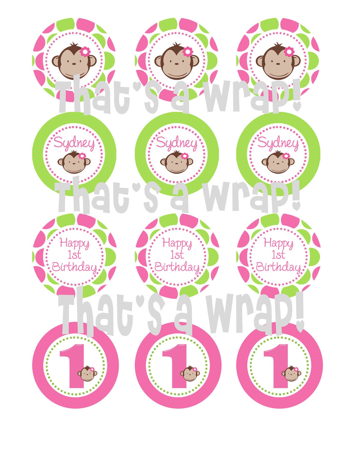 Girl Mod Monkey Custom Birthday Party Baby Shower Party Printable Circles