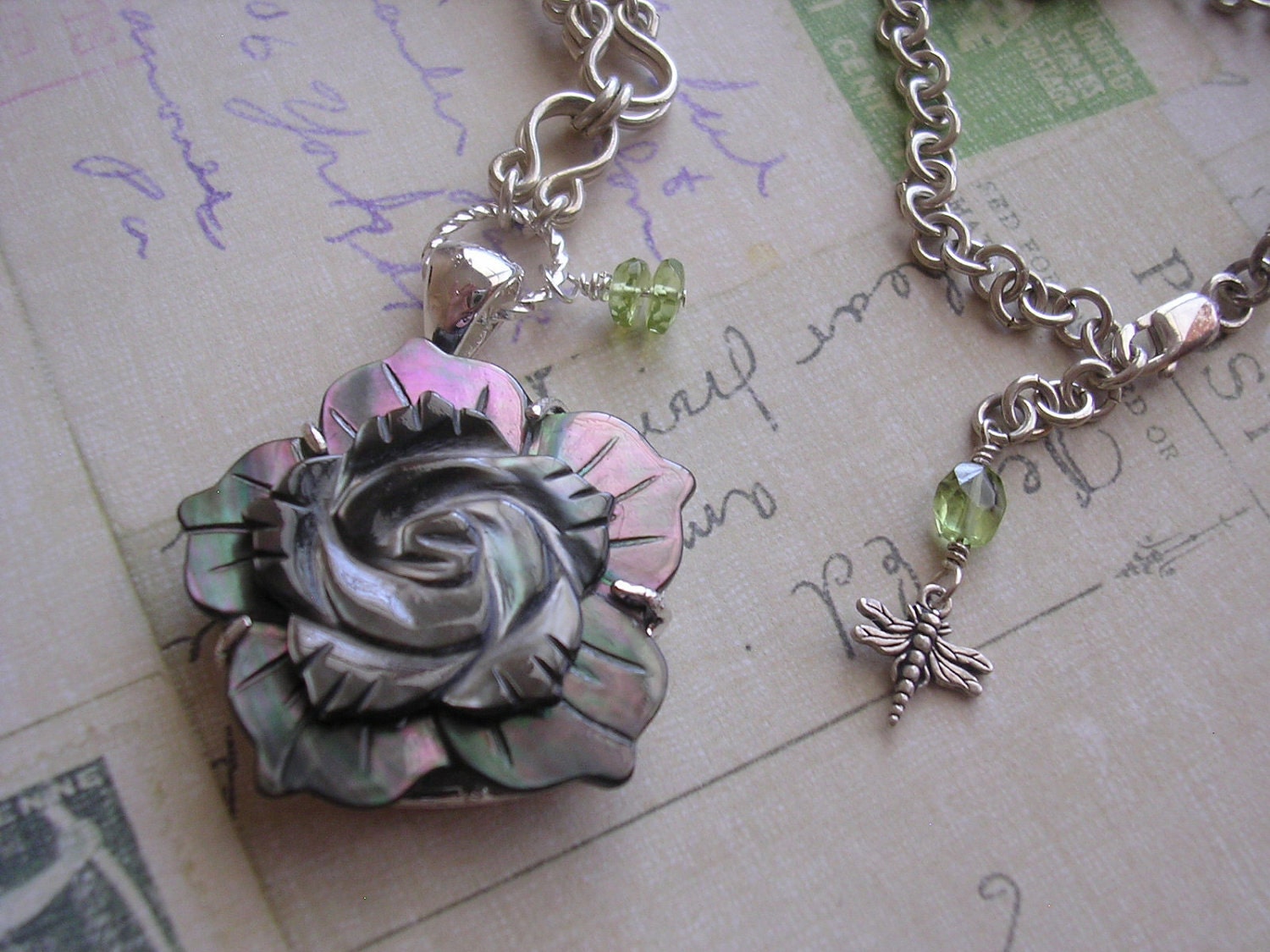 Sterling Link Necklace With Abalone Rose Pendant, Sale