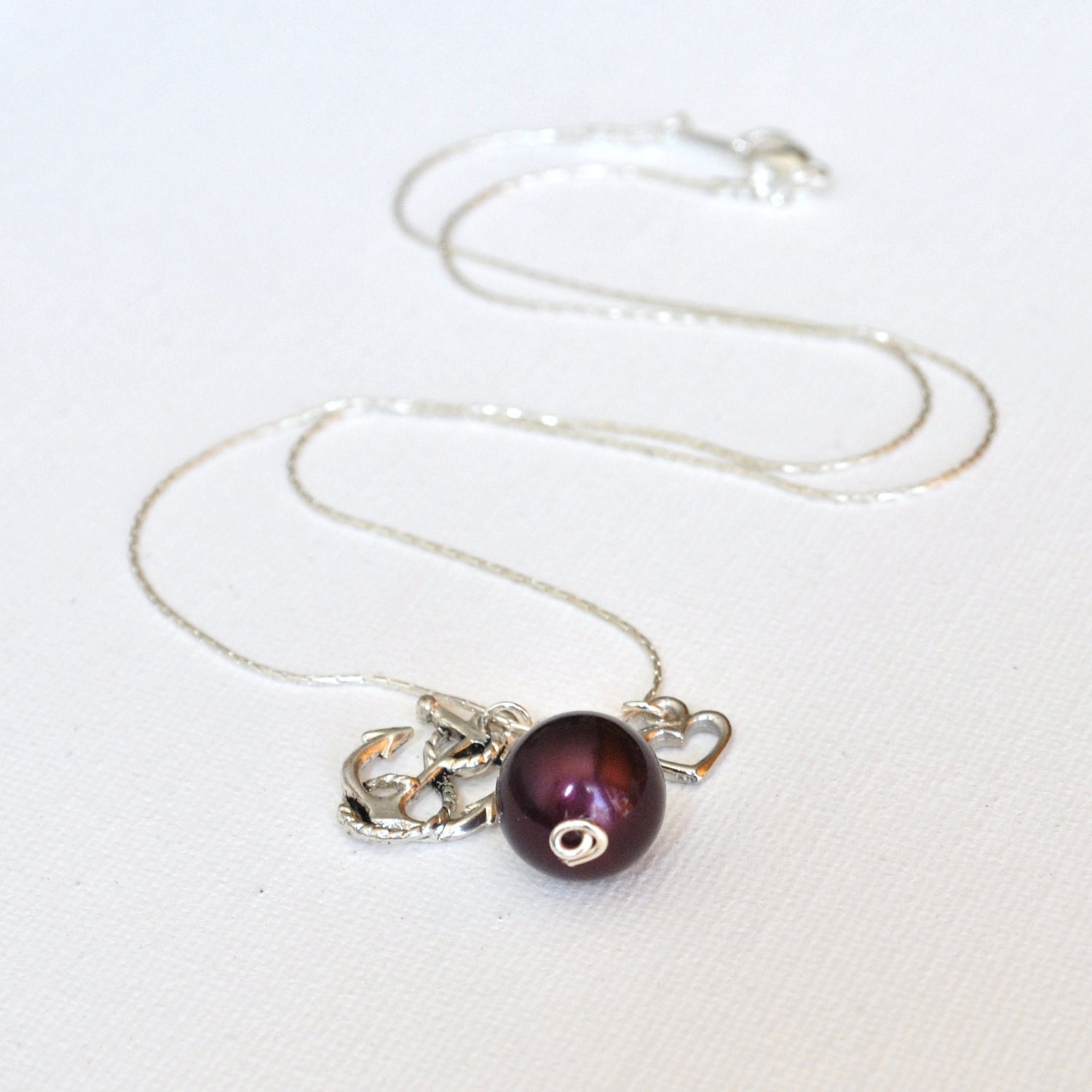 Anchor, Burgundy Pearl, and Heart - A Sailor's Love Necklace