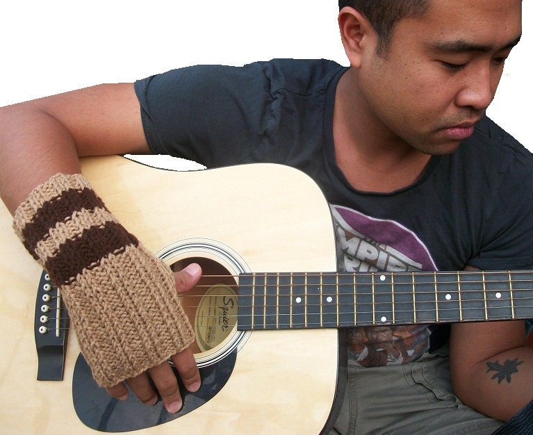 Men's Fingerless Gloves - Hand knit in Caramel and Brown Stripes