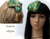 Green Chinese Brocade Cadet Military Inspired Fascinator Mini Hat with Golden Tassels