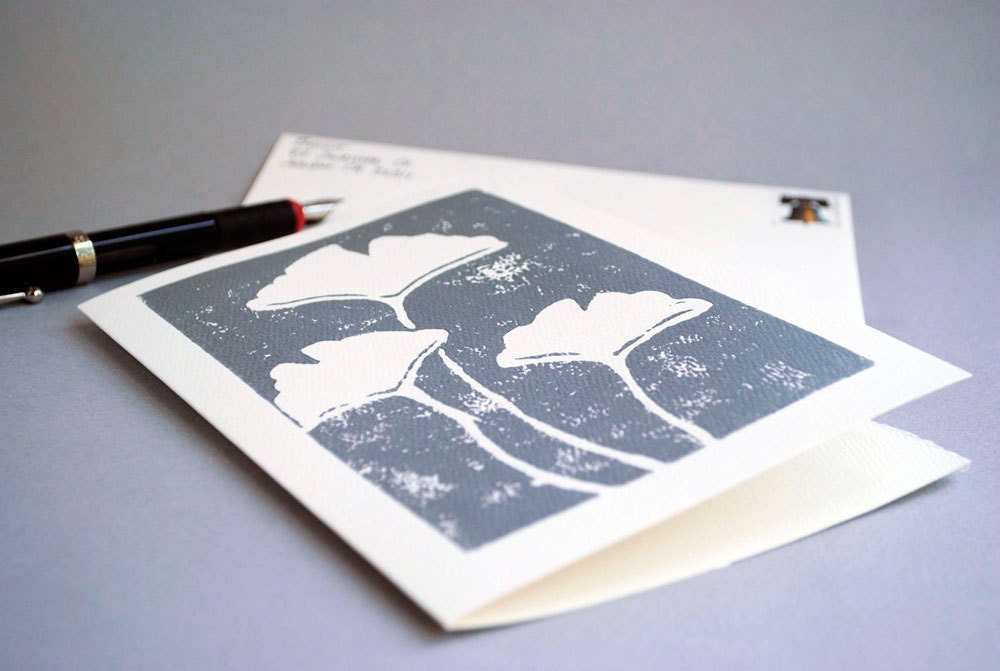 Ginkgo Leaf Notecard - Silver on Ivory - 5 x 7 inches- Blank Inside