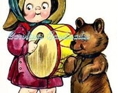 Cutsey Girl and Bear Reproduction Cotton Fabric Art Print 3.25X5" Applique