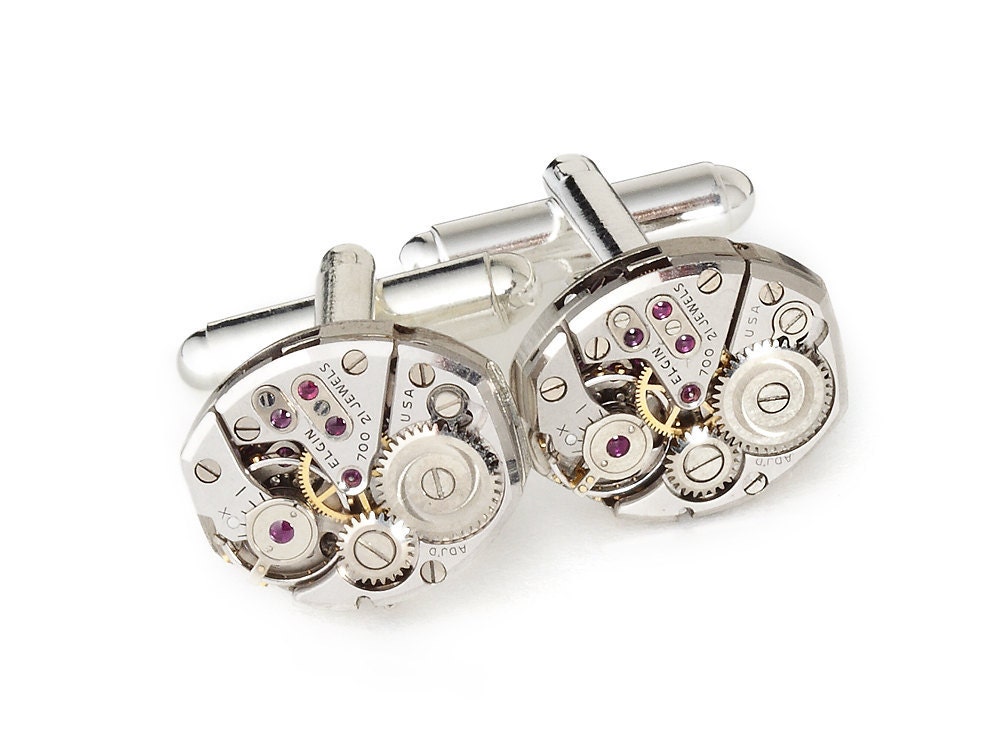 Steampunk cuff links antique silver Elgin oval watch movements gears wedding vintage mens cufflinks formal jewelry Steampunk Nation 1591