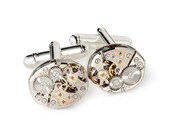Steampunk cufflinks antique silver petite oval Bulova watch movements 21 ruby jewel mens wedding vintage cuff links by Steampunk Nation 1467