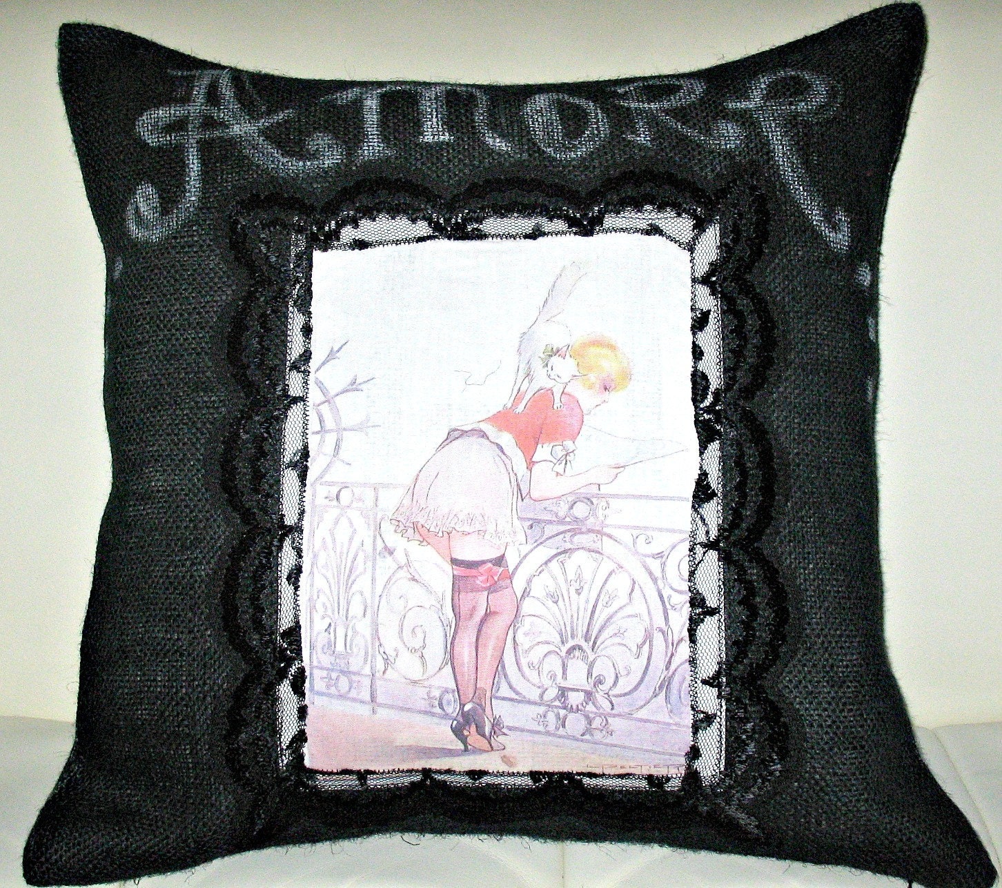 Free US shipping Unique Vintage Designer Black Burlap18x18 Pillow Cover Handprinted Art Reproduction Applique of Louis Peltier 1918