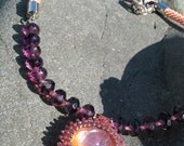Salmon Peach and Purple Beaded Necklace with Art Nouveau cabachon