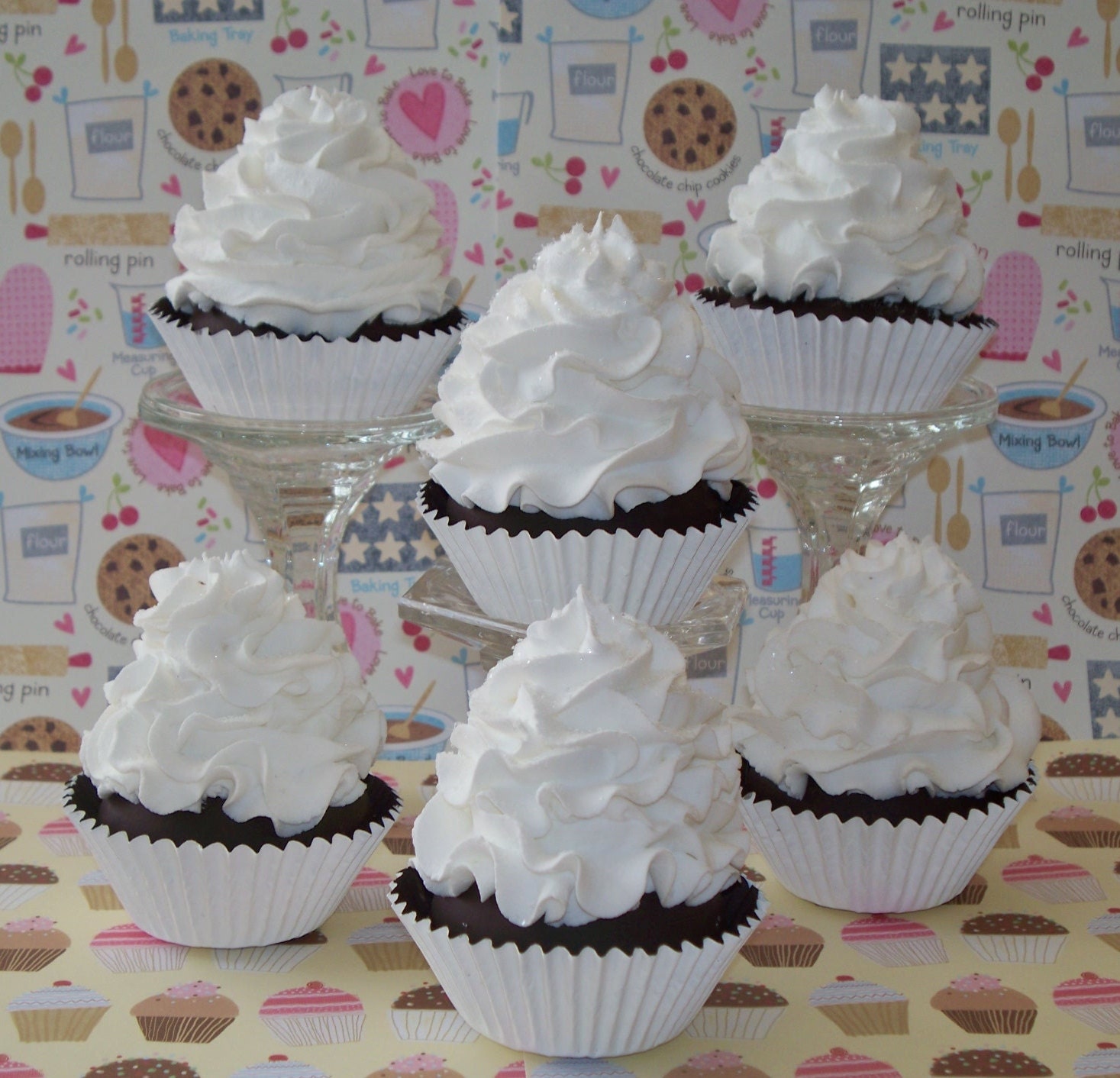 FAKE CUPCAKES, White Frosting, Chocolate Cake, for Toppers, Wrappers, Photo Props, Wedding Decor, Party Display, Faux Food  Display