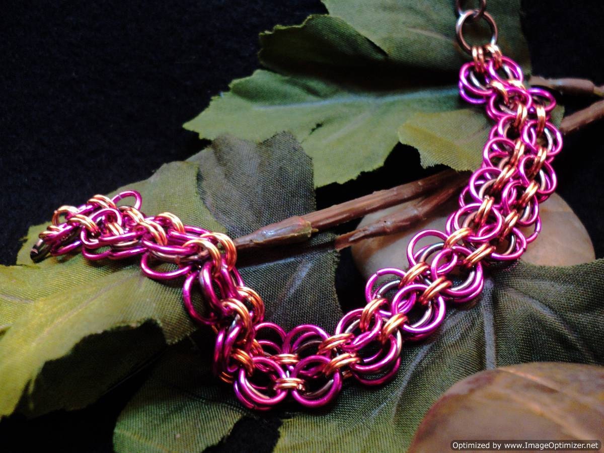 Pink, Copper and Gunmetal Chain Maille Bracelet