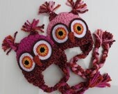 Crocheted Baby Owl Earflap Hat Twin Set for Newborn Girls - Dream Pink- Made To Order