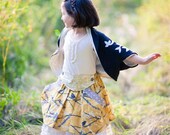 Girl's Mustard Yellow Bird Print Skirt with Pockets and Script Cummerbund Belt... Sizes 2T through 12