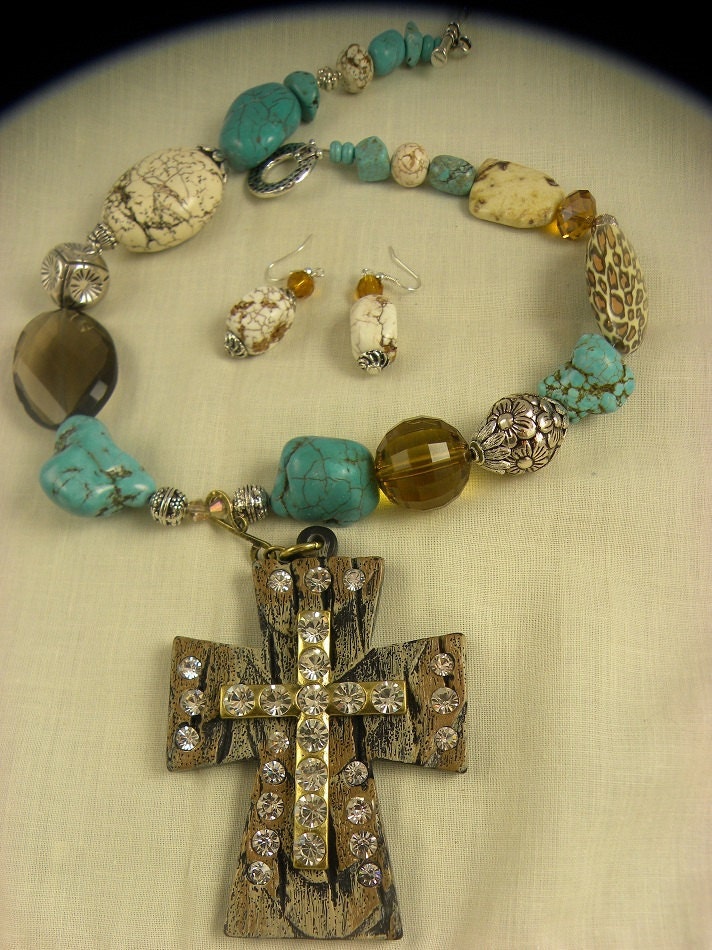 Turquoise Cross Necklace Rhinestone