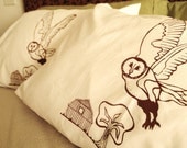 Owl Pillowcase Set - Barn And Tree Farm Print - Hand Screen Printed Brown Ink On White Cotton