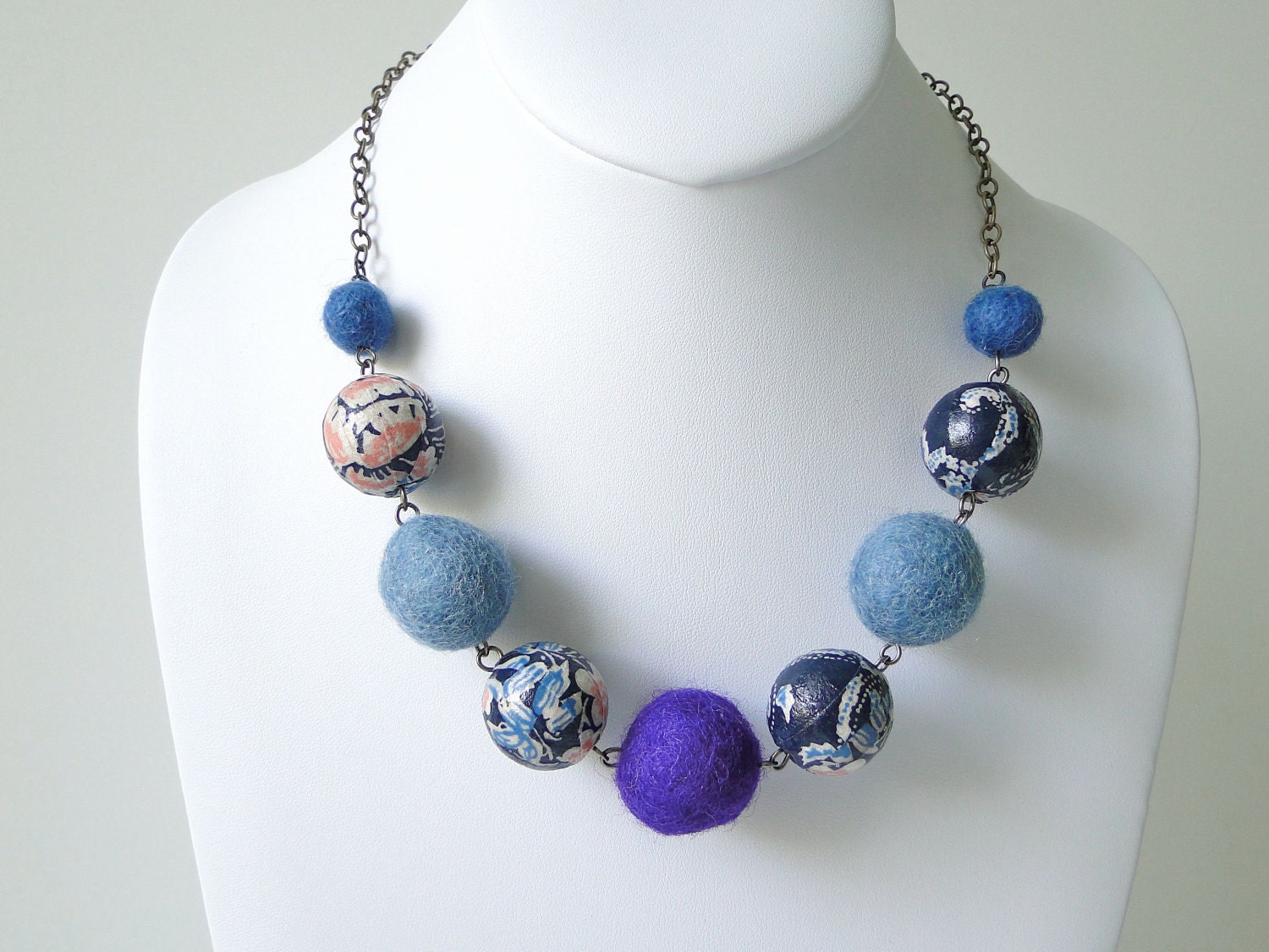 Setsuna indigo, teal and pastel Chiyogami paper and felt necklace