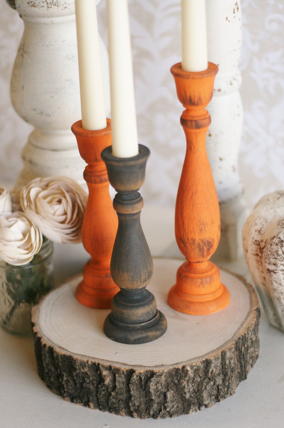 Thanksgiving Home Decor Fall Harvest Candle Stick Holders Rustic Chic Distressed Wood Set of 3