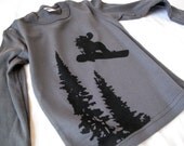 Jumping Snowboarder Winter Snowy Mountain Toddler Tshirt, Hand-Printed Lithograph, Slate Grey, Long Sleeve, 4T