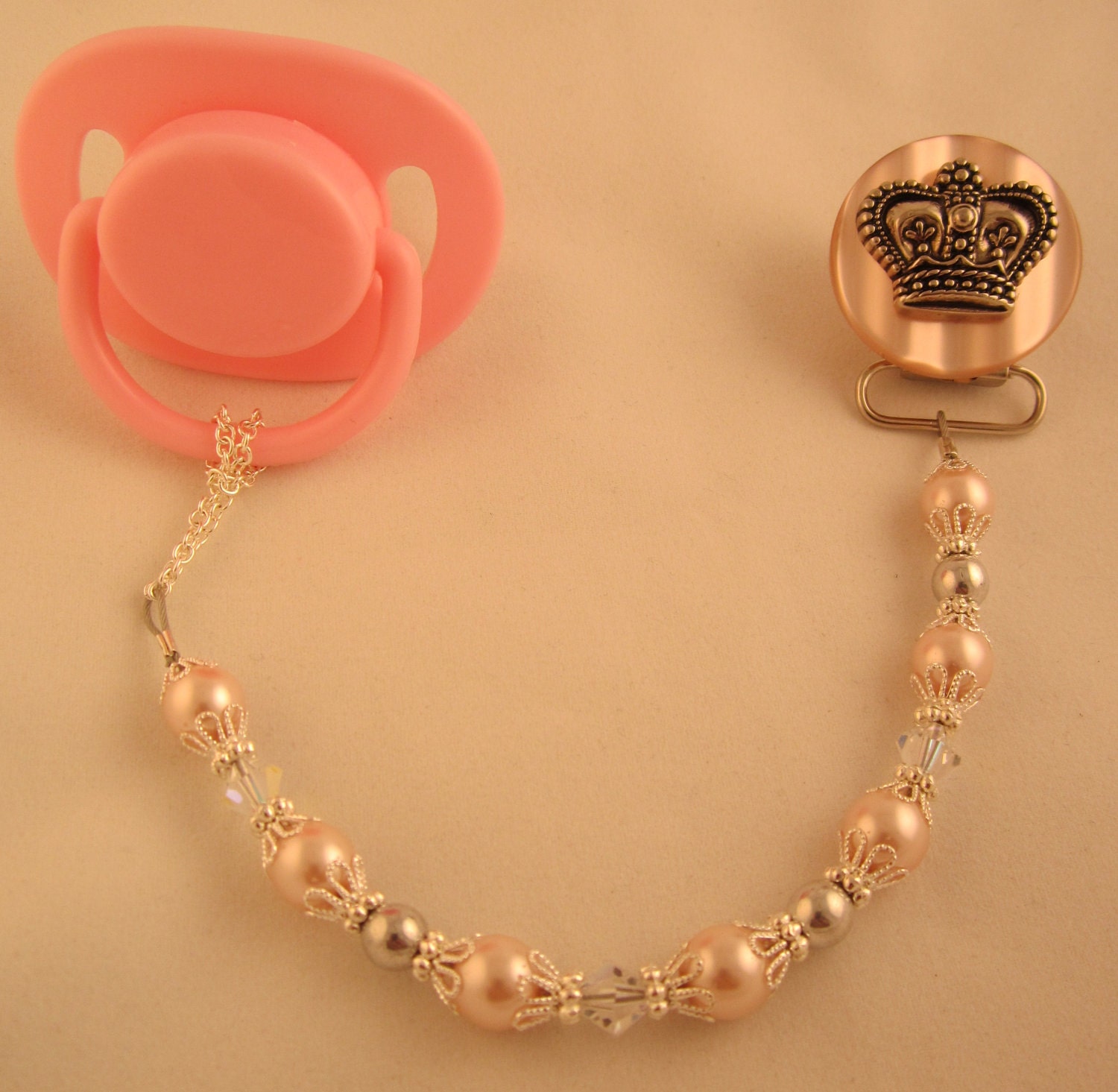 Pink Crown Pacifier clip with Pink Pearls and Swarovsky Crystals