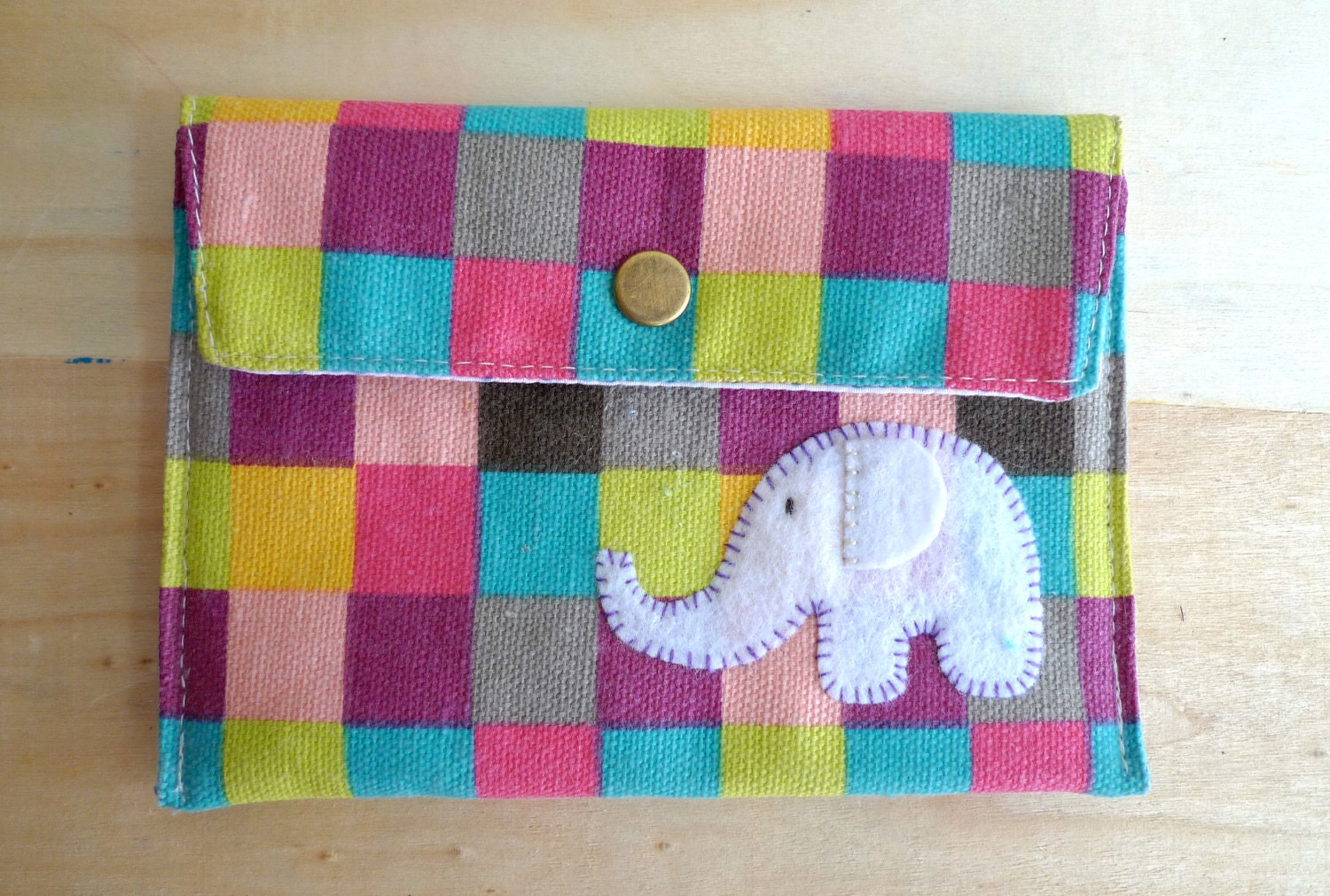 Mini Clutch wallet/ iPhone padded sleeves/ colorful checks applique on white elephant
