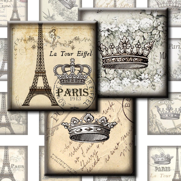 Paris Graphic Shabby. Crown Eiffel tower 1x1 inch square tiles. Digital Collage Image sheet for scrabble tiles, resin pendants. 311