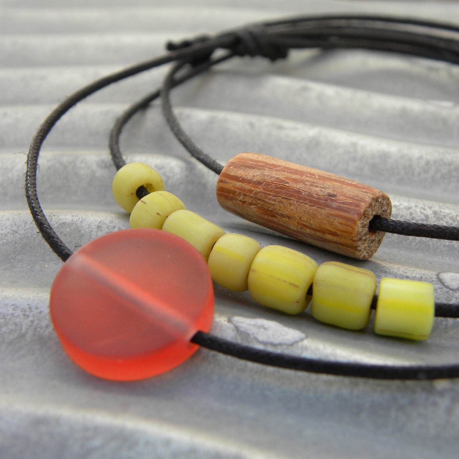 Adjustable Bracelets Black Cotton Cord Wood Glass Resin