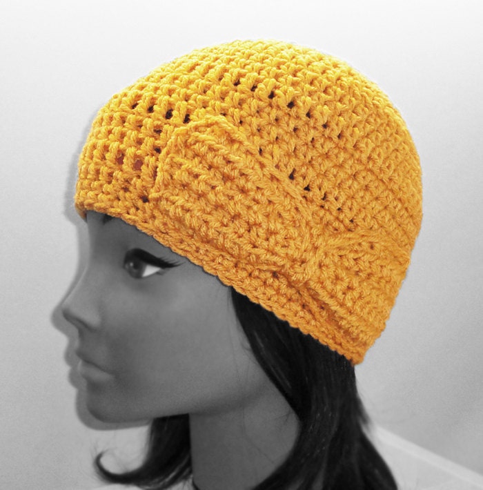 Gold Beanie Hat with Side Bow - Hand Crocheted - Ready to Ship