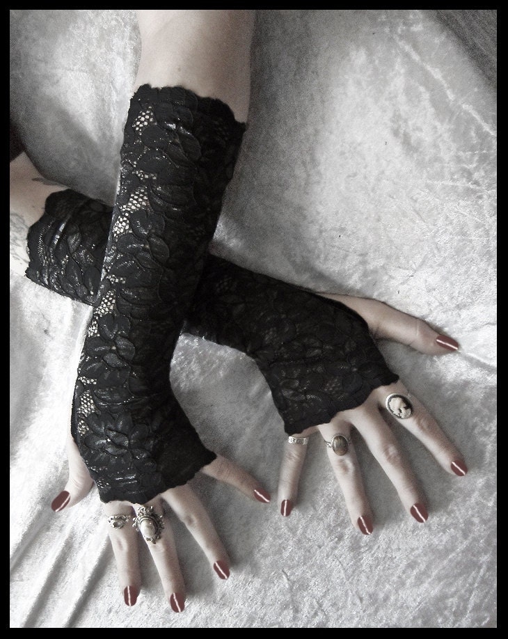 Kala Lace Arm Warmers - True Black Floral w/ Metallic Highlight - Gothic Weddings Elegant Belly Dance Fetish Fishnet Bridal Dark Lolita Goth