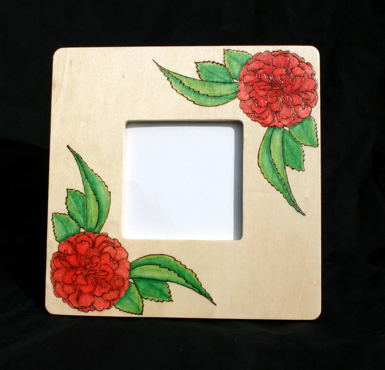 Red Roses Painted and Pyrographed Wood Photo Frame