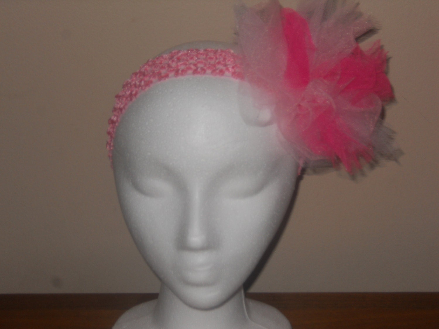 Crochet Headband with Tulle Pom Pom - Tickled Pink