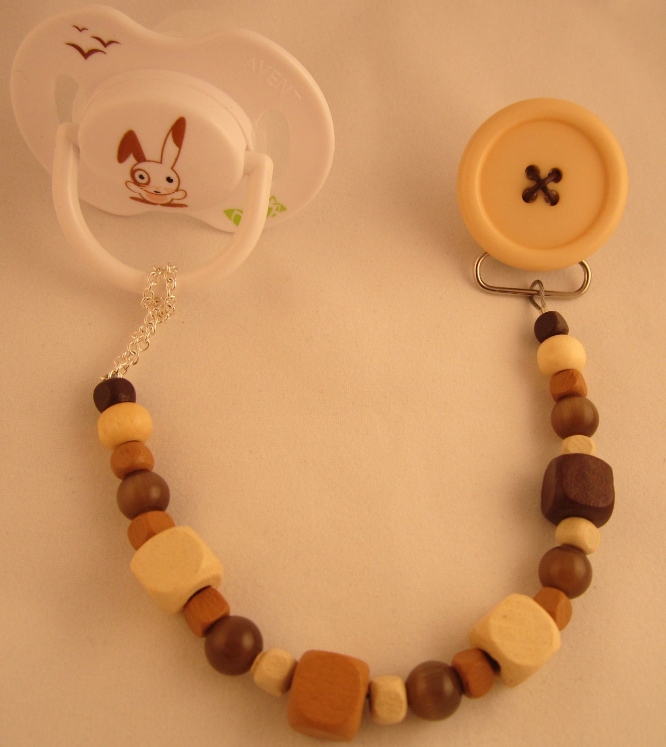 Brown Button Pacifier clip with Stunning Beads