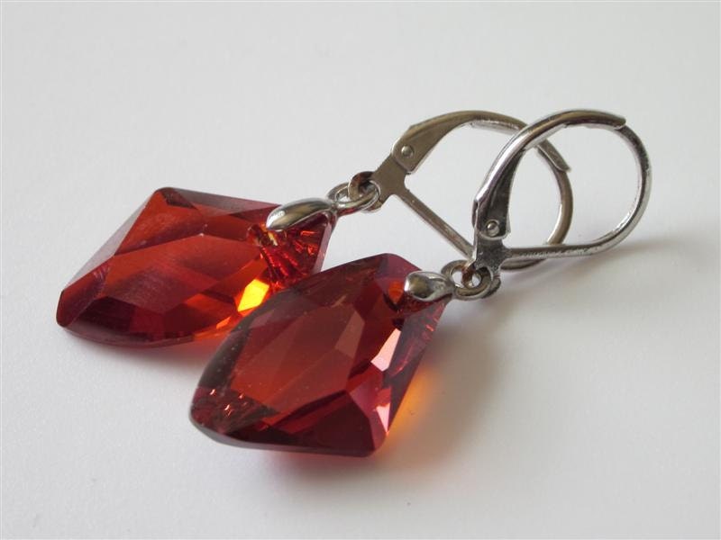 Garnet Red Swarovski Crystal Earrings Modern Asymmetrical Galaxy
