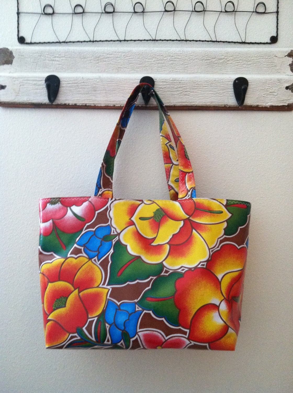 Beth's Large Brown Tehuana Flower Power Oilcloth Market Tote Bag