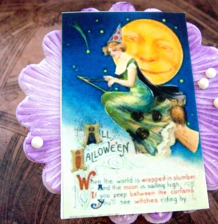 SALE - Edible Cupcake Toppers - The Flying Witch - 12 Edible Vintage Halloween Image Cupcake Toppers- Gumpaste