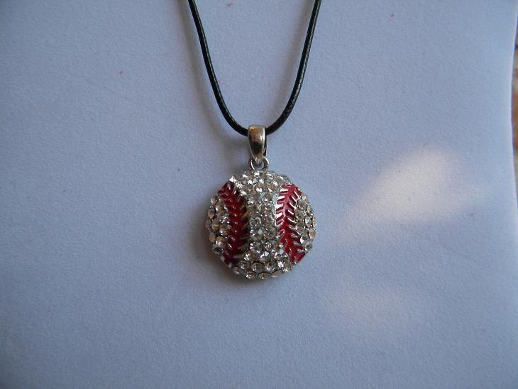 Metal Rhinestone Baseball Pendant on a Leather Rope Necklace