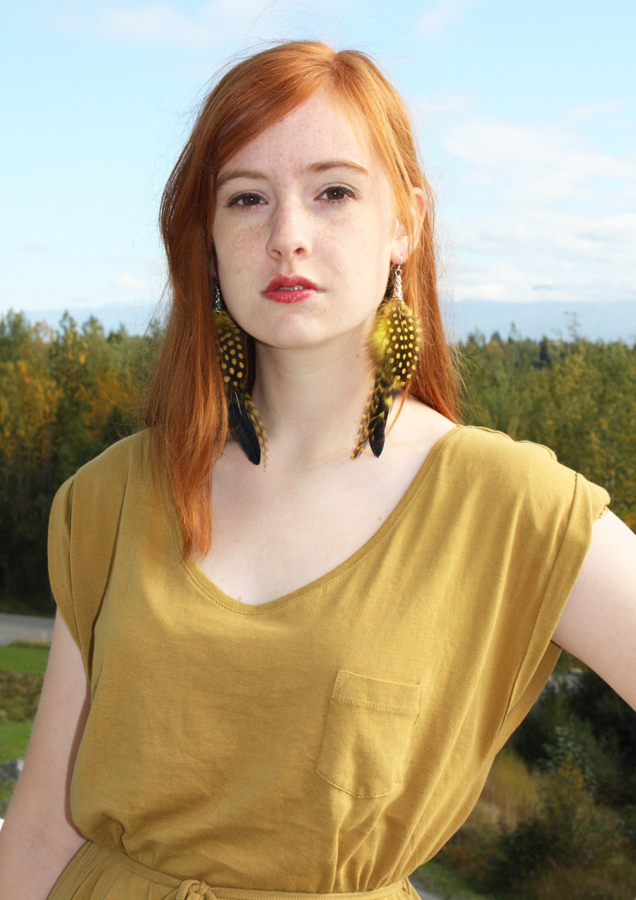 Yellow and Black Polka Dot Feather Earrings with Platinum Ear Wires