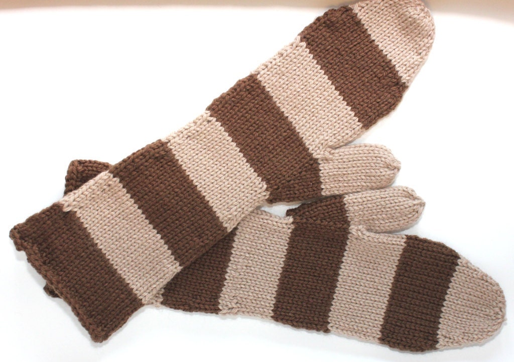 Mittens - Knitted Mittens - Adult Long Cuff - Brown Stripes - OOAK