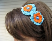 Elastic Headband with Cotton Crocheted Flowers in Turquoise Blue and Orange-OOAK