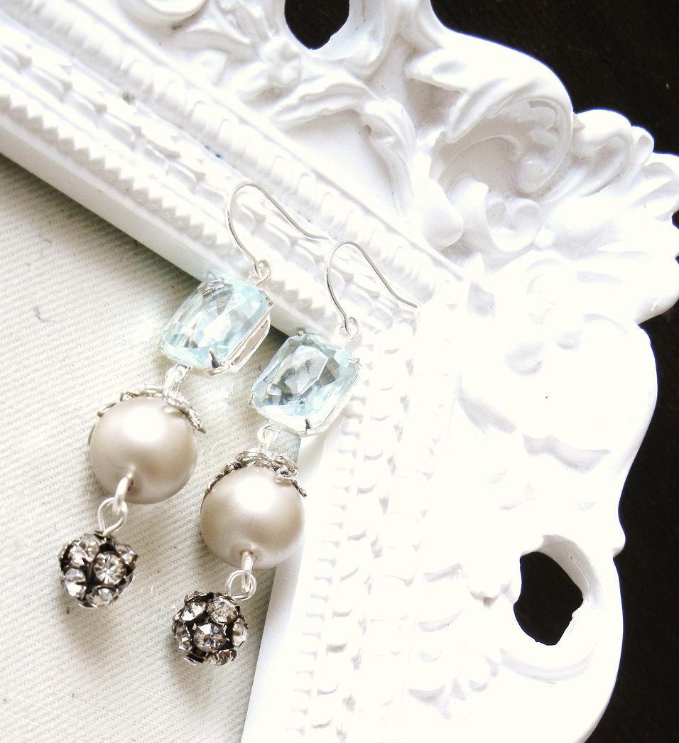 Pearl Bridal Occasion EarringsVintage Clear Rhinestone in Silver Metal