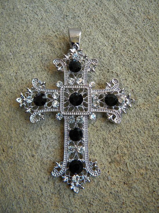 Silver Metal Corss Pendant with Black and Clear Rhinestone Bling