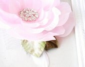 Handmade Light Pink Bridal Special Occasion Fascinator with Rhinestone Center and Feather- Mia