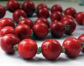 Chunky Red Autumn Necklace, Red Apple Coral and Light Green Peridot, Gold and Fall Colors