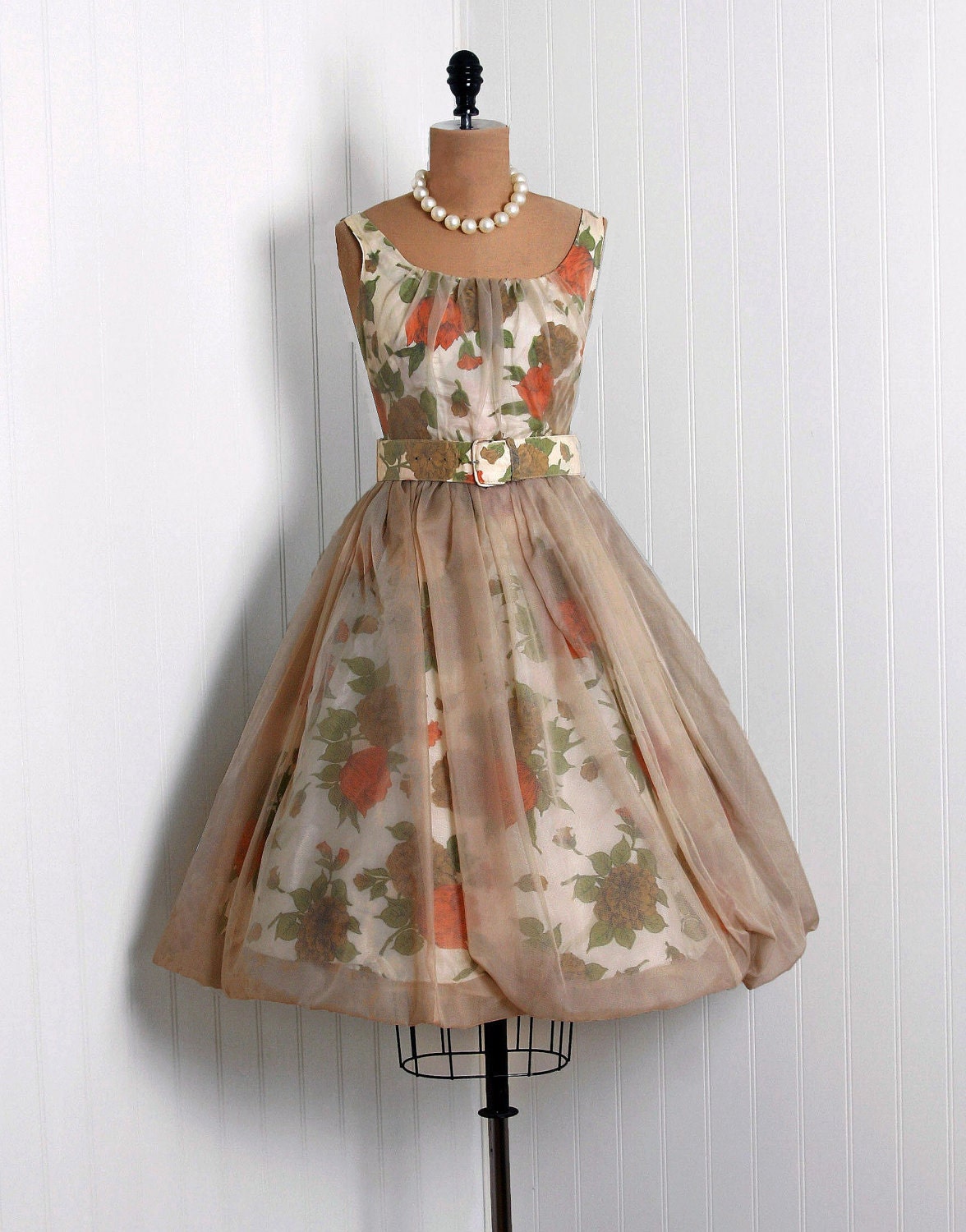 1950's Vintage Autumn-Floral Watercolor Scenic-Garden Print Chiffon-Couture Low-Plunge Bombshell Belted Full Bubble Circle-Skirt Party Dress
