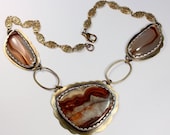 Crazy Lace and Montana Agate Necklace of Brass and Fine Silver:  Autumn Fiesta