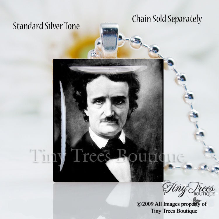 SALE - Recycled Scrabble Tile Resin Pendant- Black And White Edgar Allan Poe