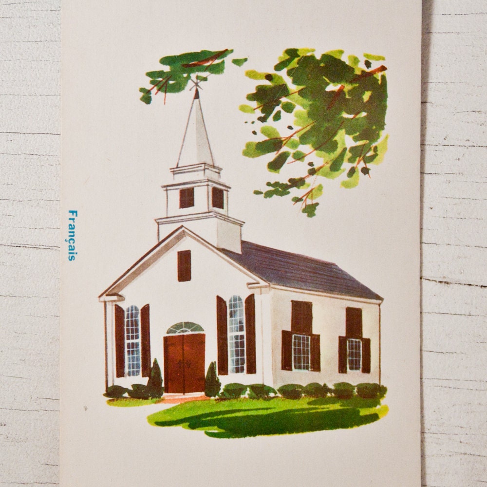 Church Building Illustrated Flash Card Vintage Antique