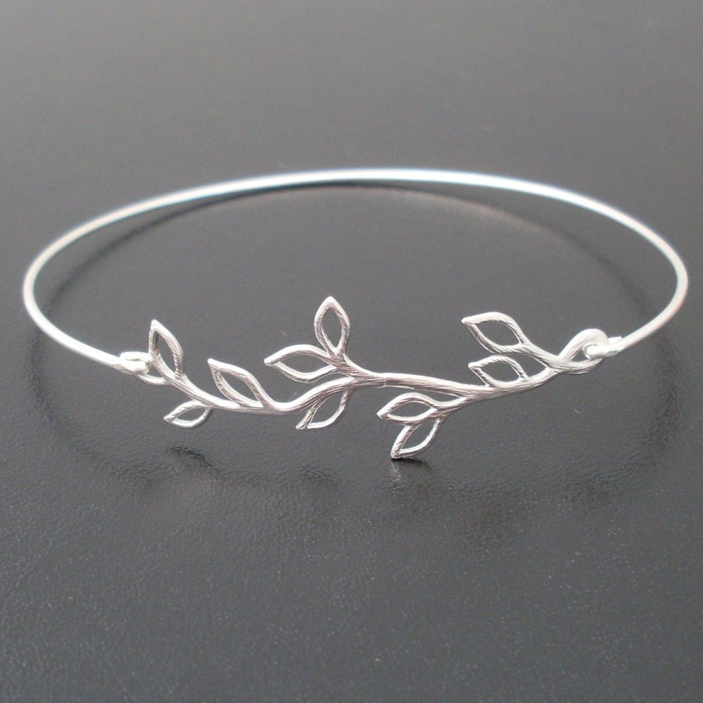 Olive Branch & Leaf Bangle Bracelet - Silver  - Olive Vine Jewelry - Olive Leaves Bracelet